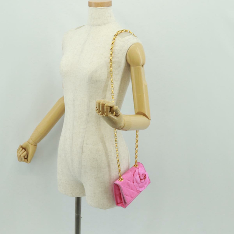 【日本直送】香奈兒 (CHANEL) 絎縫鏈條山茶花單肩包 棉質粉紅金色雙C標誌 Auth 161522V-25