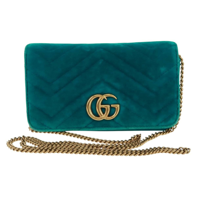 【日本直送】GUCCI GG Marmont 鏈條單肩包 絲絨 金色 祖母綠 488426 正品 163389V-12