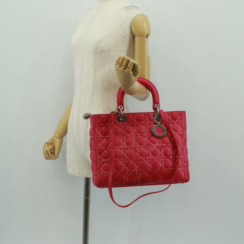 【日本直送】Christian Dior Lady Dior 手提包，羊皮材質，粉紅色/銀色兩用，正品，貨號 163880SAM-26