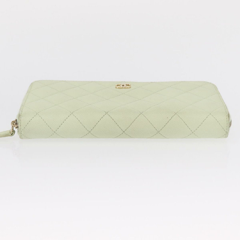 【日本直送】香奈兒長錢包，魚子醬皮，綠色，金色，CC標誌，Auth 164071A-6