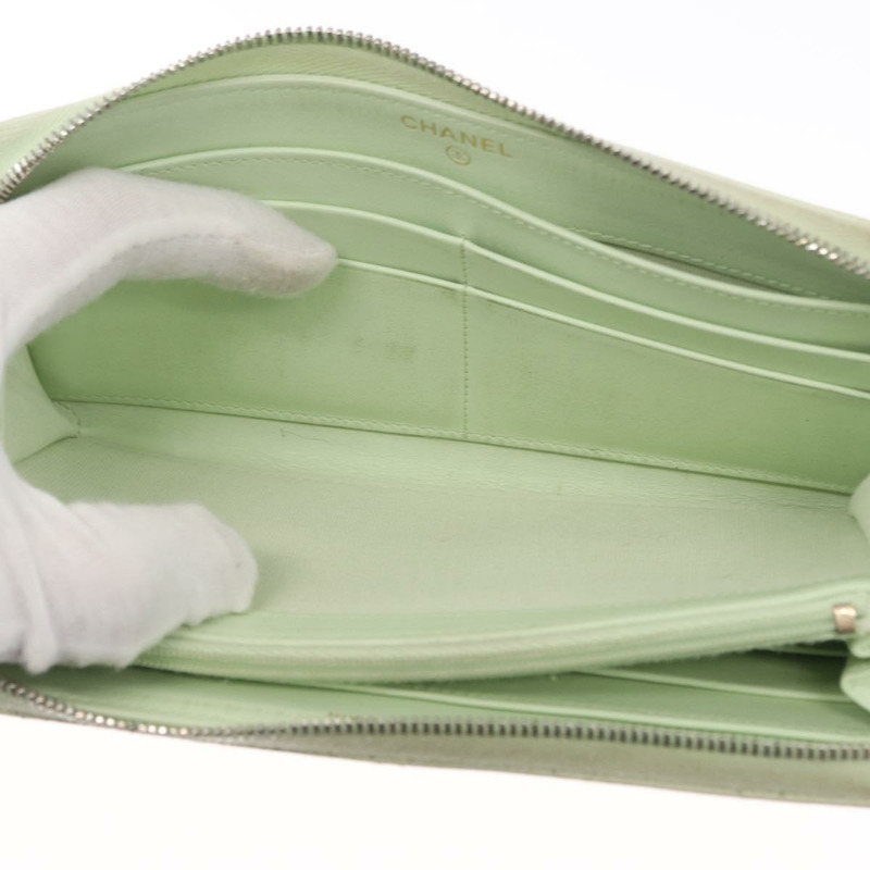 【日本直送】香奈兒長錢包，魚子醬皮，綠色，金色，CC標誌，Auth 164071A-8