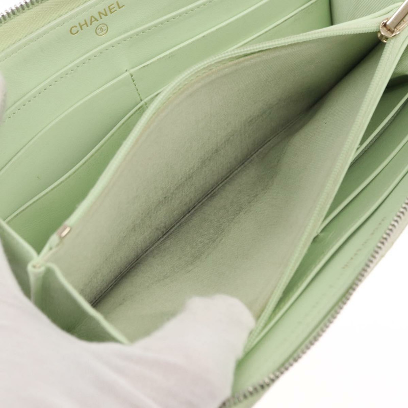 【日本直送】香奈兒長錢包，魚子醬皮，綠色，金色，CC標誌，Auth 164071A-9