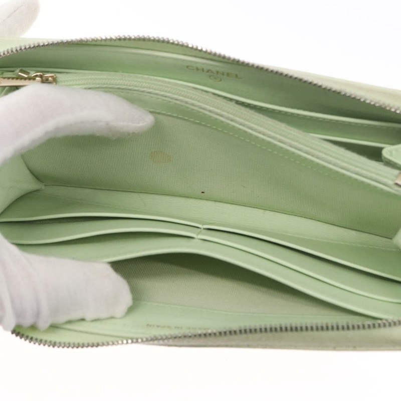 【日本直送】香奈兒長錢包，魚子醬皮，綠色，金色，CC標誌，Auth 164071A-20