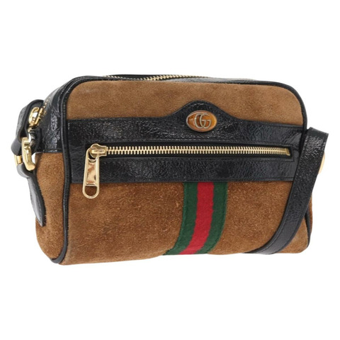 GUCCI Web Sherry Line 單肩包 絨面革 棕色 金色 573321 Auth mr1859