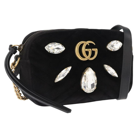 GUCCI GG Marmont 迷你相機包鏈條包麂皮黑色金色 448065 正品 ka1530
