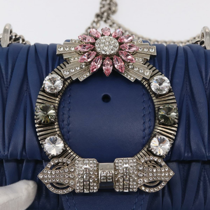 【日本直送】Miu Miu Matelasse 鏈條單肩包 皮革 藍色 銀色 正品 ka1528V-8