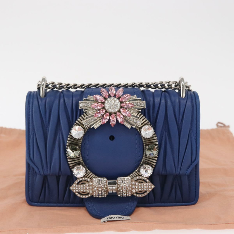 【日本直送】Miu Miu Matelasse 鏈條單肩包 皮革 藍色 銀色 正品 ka1528V-11