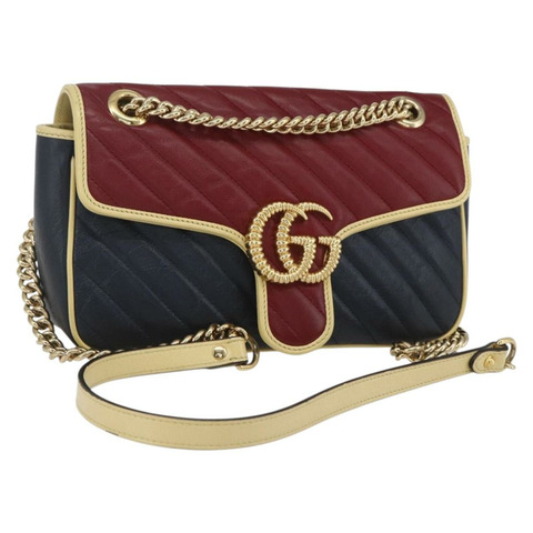GUCCI GG Marmont 鏈條單肩包 皮革 紅色 金色 443497 正品 ka1515SAM
