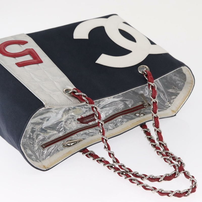 【日本直送】香奈兒 Choco Bar 鏈條手提包 No5 帆布海軍藍銀色 CC Auth 164674V-5