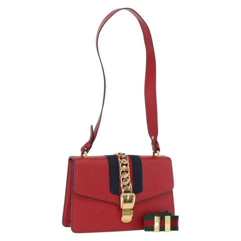 GUCCI Silvi Sherry Line 單肩包 皮革 兩用 紅色 金色 421882 正品 ka1549