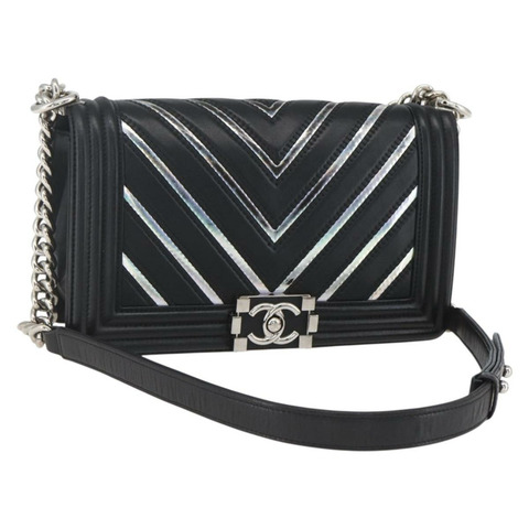 香奈兒 (CHANEL) 鏈條 Boy Chanel V 縫線包 皮革 黑色 銀色 CC 正品 ka1417SAM