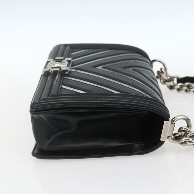 【日本直送】香奈兒 (CHANEL) 鏈條 Boy Chanel V 縫線包 皮革 黑色 銀色 CC 正品 ka1417SAM-3