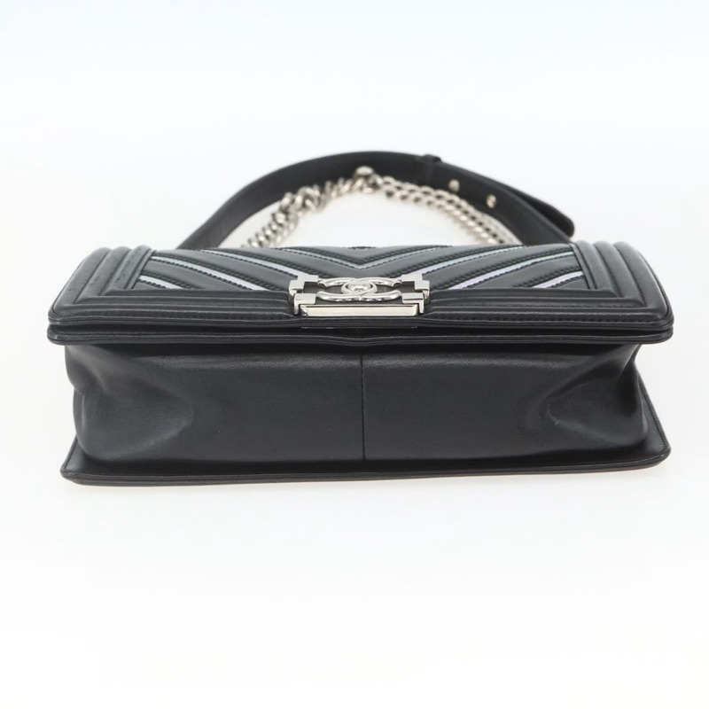 【日本直送】香奈兒 (CHANEL) 鏈條 Boy Chanel V 縫線包 皮革 黑色 銀色 CC 正品 ka1417SAM-4