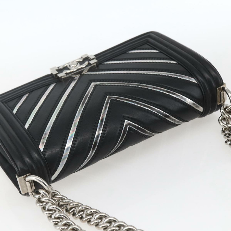【日本直送】香奈兒 (CHANEL) 鏈條 Boy Chanel V 縫線包 皮革 黑色 銀色 CC 正品 ka1417SAM-5