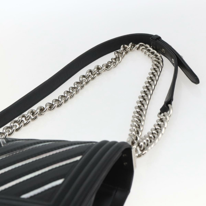 【日本直送】香奈兒 (CHANEL) 鏈條 Boy Chanel V 縫線包 皮革 黑色 銀色 CC 正品 ka1417SAM-7