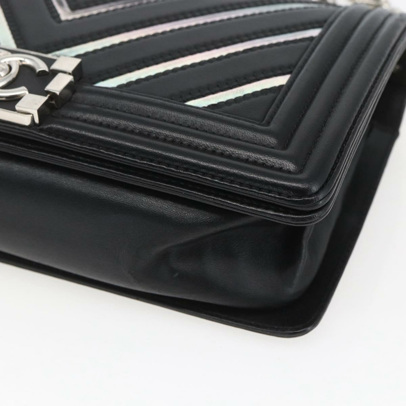 【日本直送】香奈兒 (CHANEL) 鏈條 Boy Chanel V 縫線包 皮革 黑色 銀色 CC 正品 ka1417SAM-8