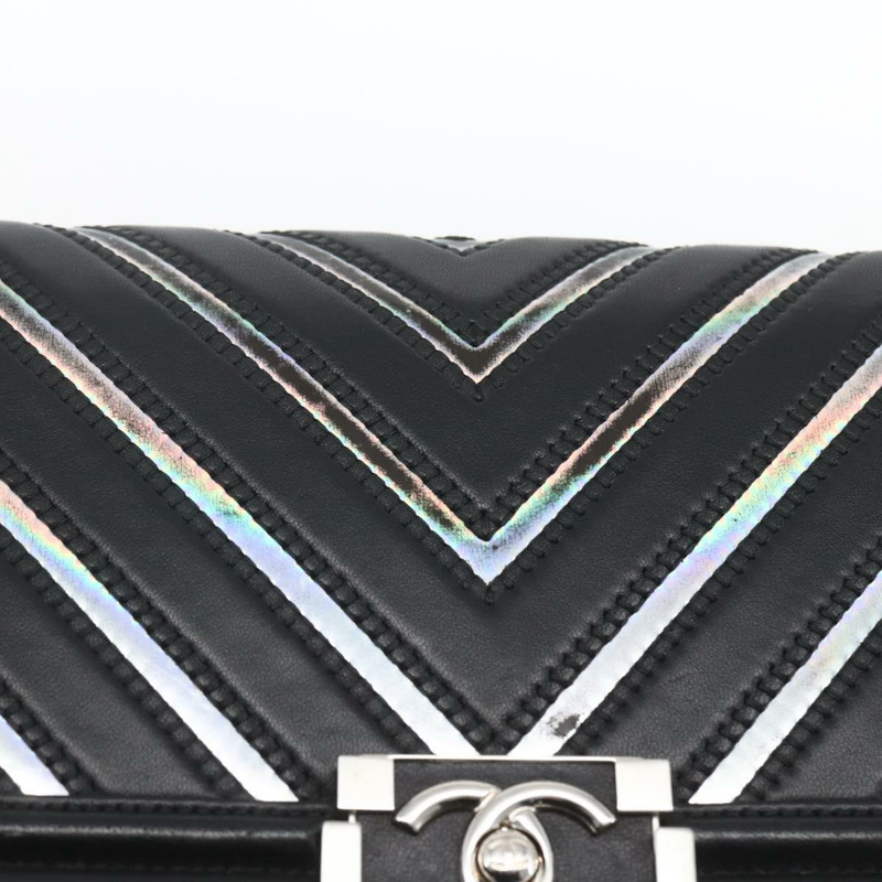 【日本直送】香奈兒 (CHANEL) 鏈條 Boy Chanel V 縫線包 皮革 黑色 銀色 CC 正品 ka1417SAM-9