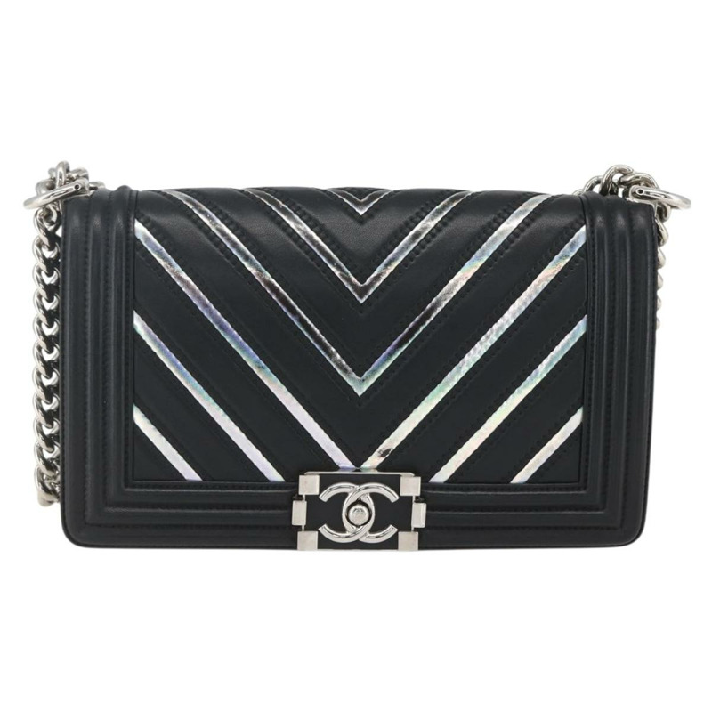 【日本直送】香奈兒 (CHANEL) 鏈條 Boy Chanel V 縫線包 皮革 黑色 銀色 CC 正品 ka1417SAM-12