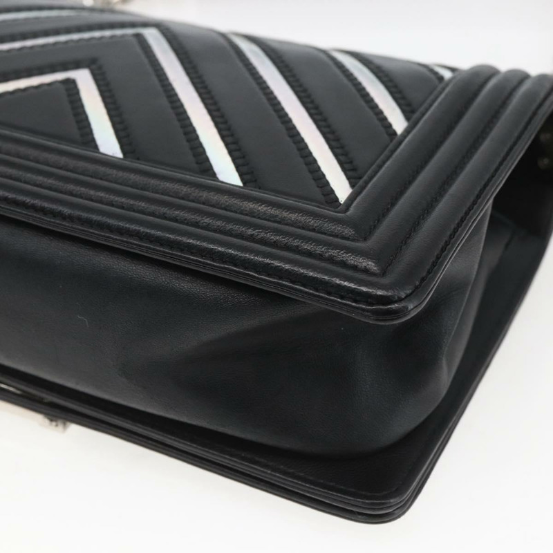 【日本直送】香奈兒 (CHANEL) 鏈條 Boy Chanel V 縫線包 皮革 黑色 銀色 CC 正品 ka1417SAM-14