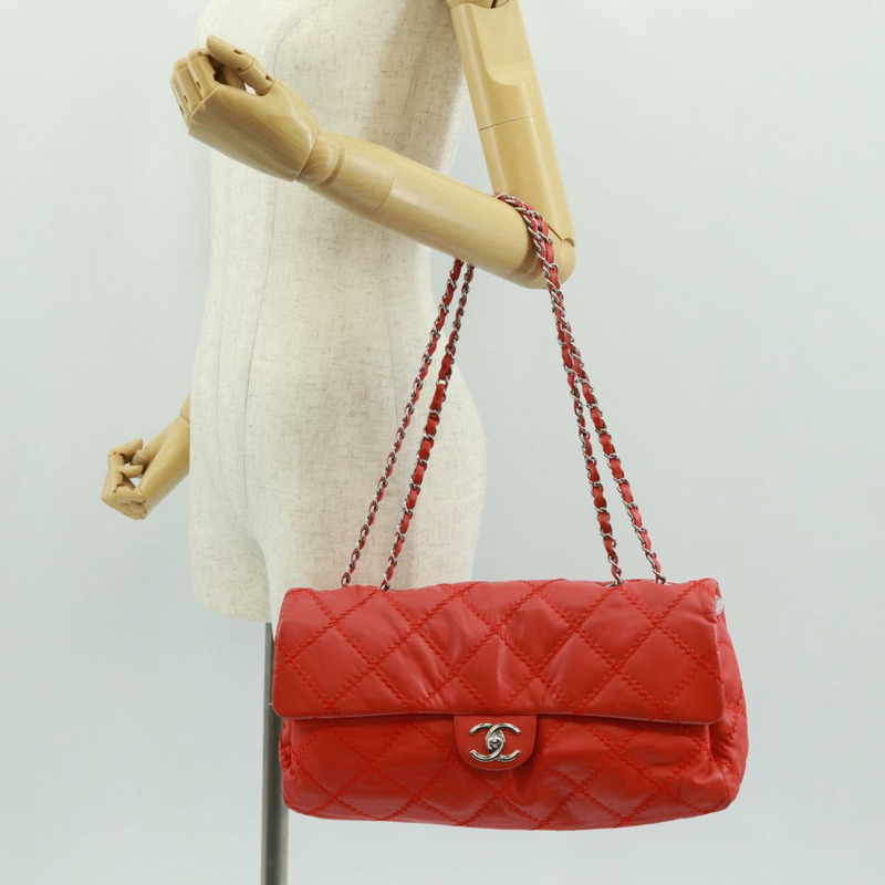【日本直送】香奈兒 Ultra Stitch 鏈條肩背包，羊皮材質，紅色，銀色雙C標誌，貨號 165469M-28
