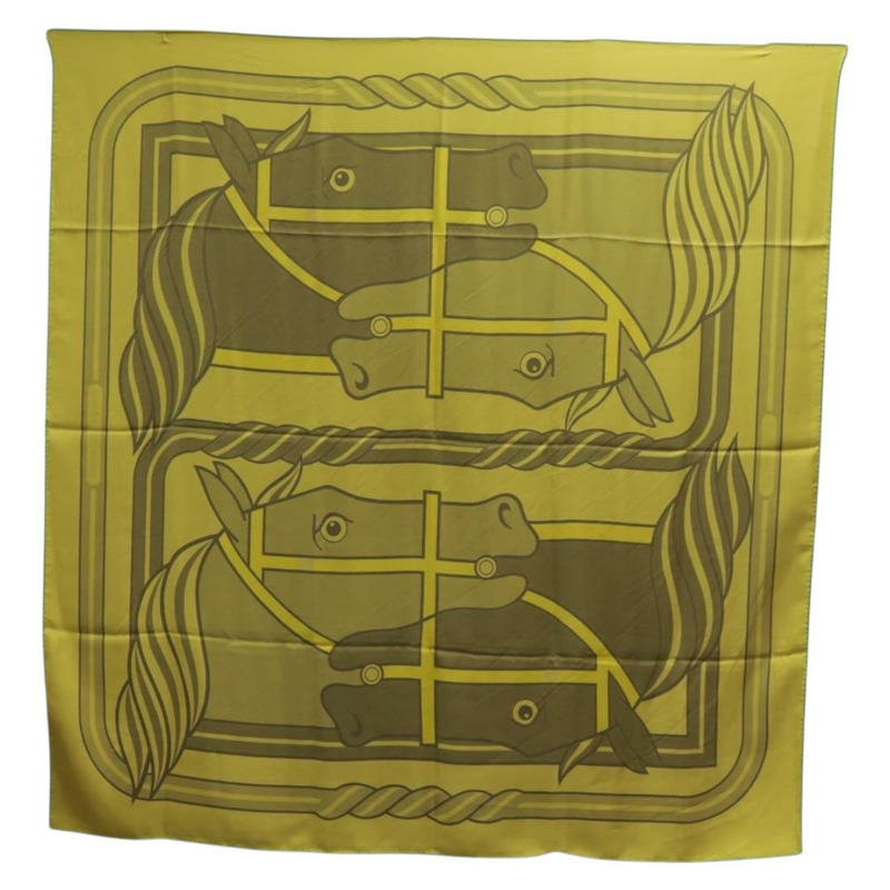【日本直送】愛馬仕 (HERMES) 140 方形絲巾 (Carre 140 Scarf) “QUADRIGE” 真絲 綠色 Auth 166363V-14