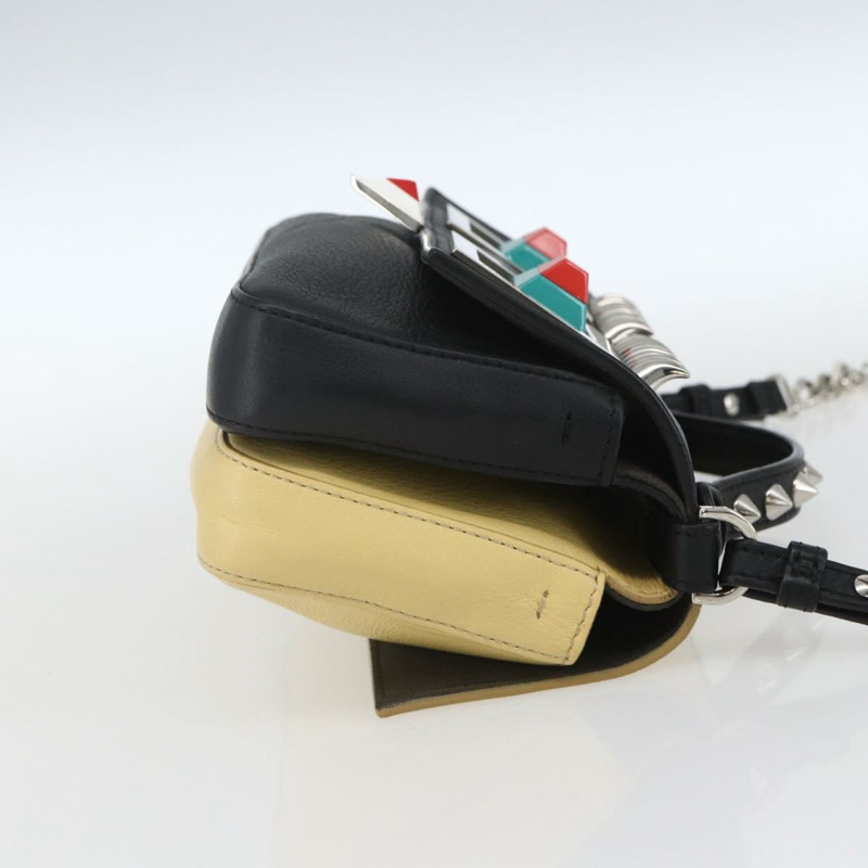 【日本直送】FENDI 鏈條雙排迷你法國棍包 皮革 2way 黑色 米色 Auth ka1695M-3