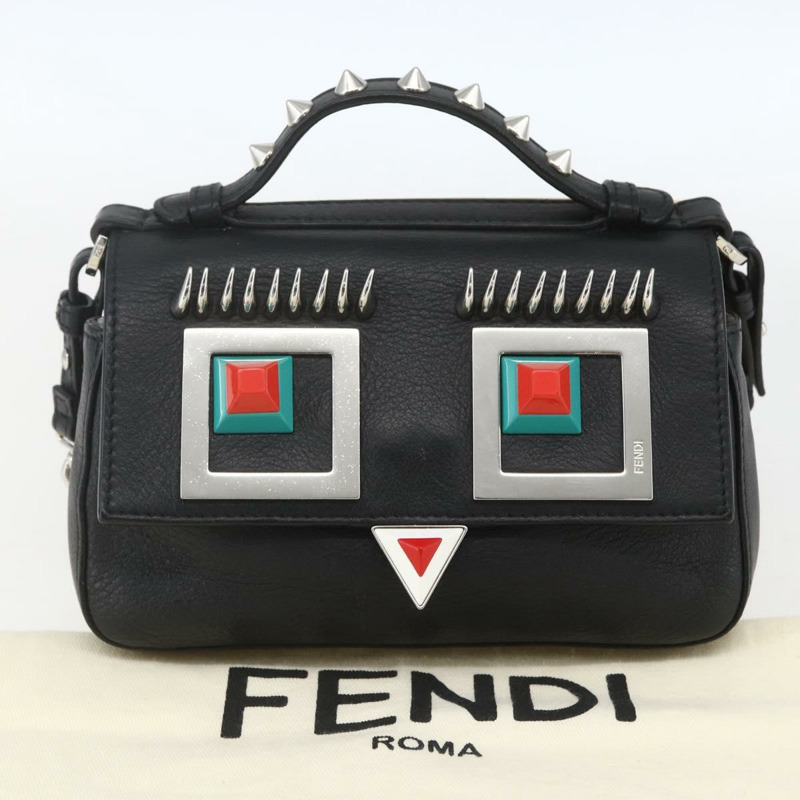 【日本直送】FENDI 鏈條雙排迷你法國棍包 皮革 2way 黑色 米色 Auth ka1695M-11