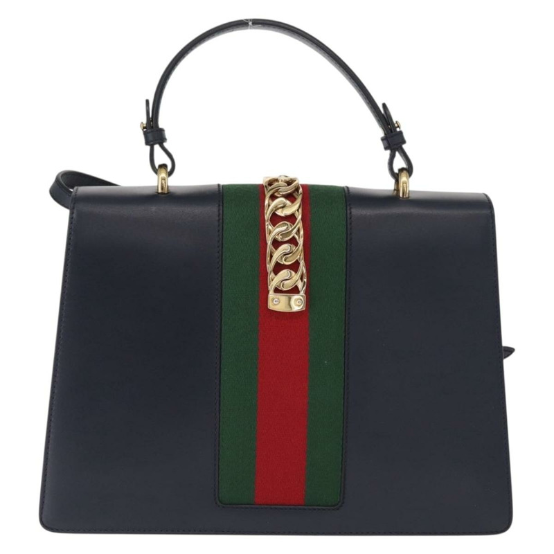 【日本直送】GUCCI Silvi Web Sherry Line 手袋 皮革 2way Navy Gold 431665 Auth ka1697V-1