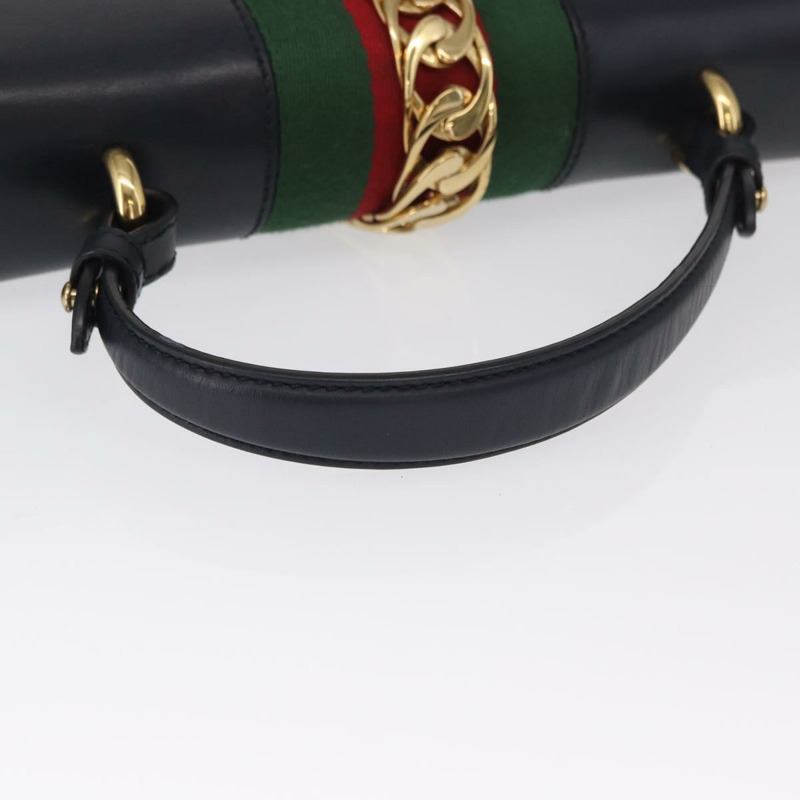 【日本直送】GUCCI Silvi Web Sherry Line 手袋 皮革 2way Navy Gold 431665 Auth ka1697V-6