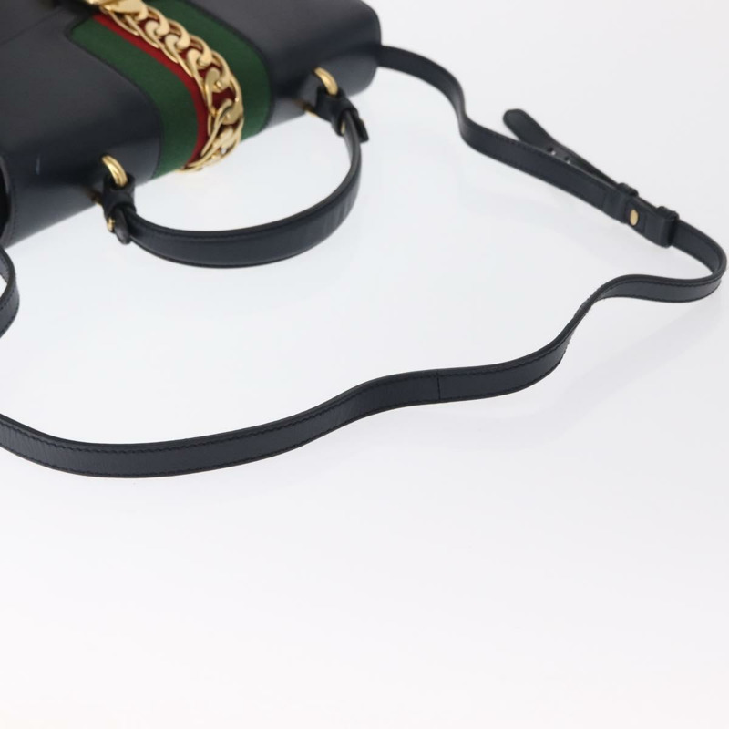 【日本直送】GUCCI Silvi Web Sherry Line 手袋 皮革 2way Navy Gold 431665 Auth ka1697V-7