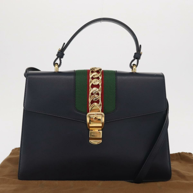 【日本直送】GUCCI Silvi Web Sherry Line 手袋 皮革 2way Navy Gold 431665 Auth ka1697V-11