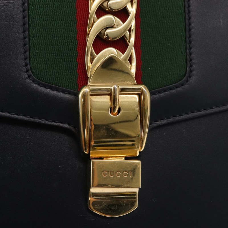 【日本直送】GUCCI Silvi Web Sherry Line 手袋 皮革 2way Navy Gold 431665 Auth ka1697V-18