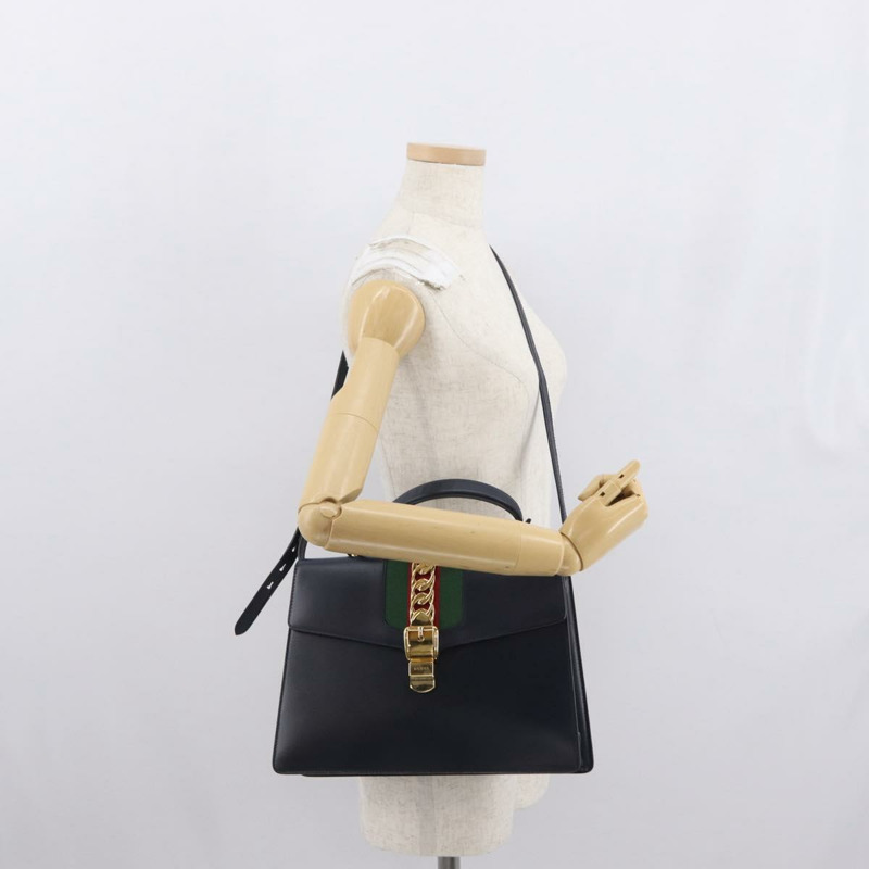 【日本直送】GUCCI Silvi Web Sherry Line 手袋 皮革 2way Navy Gold 431665 Auth ka1697V-25