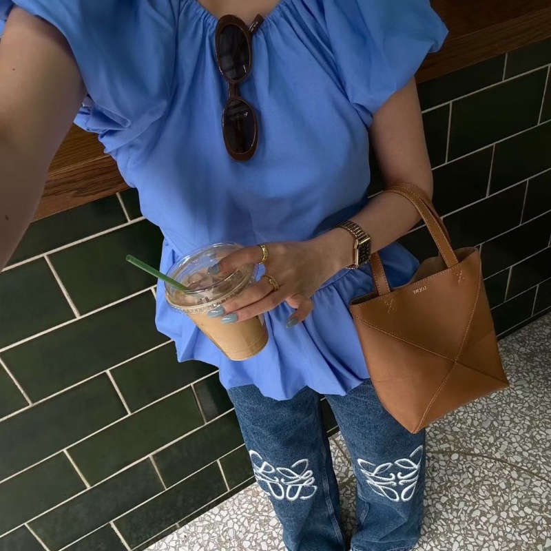 Loewe mini Front折疊棕色tote包 17*20cm 98新配件塵袋-1