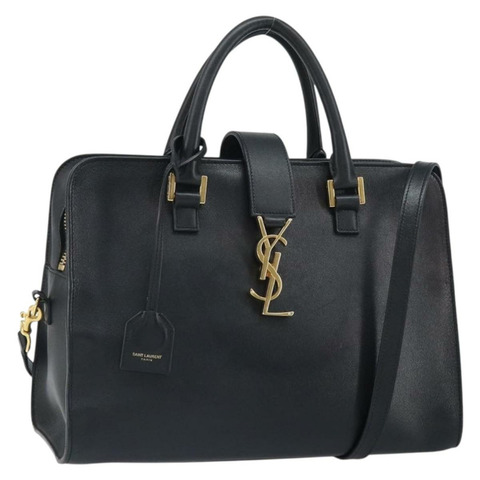 SAINT LAURENT Cabas 手提包 皮革 2way 黑色 金色 Auth ka1623M