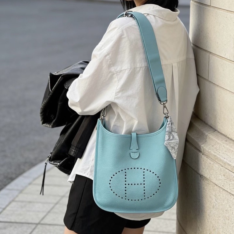 Hermes 銀扣 馬卡龍藍 拼色肩帶 TC皮  29*30*6 98新配件塵袋-0