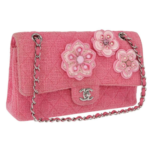 香奈兒 Matelasse25 鏈條肩背包 斜紋軟呢粉紅色 銀色 CC 標誌 正品 162900SM