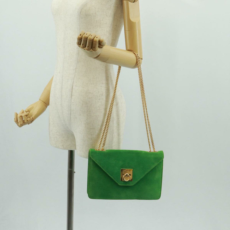 【日本直送】CELINE 鏈條肩背包 麂皮 綠色 金色 正品 168148V-24