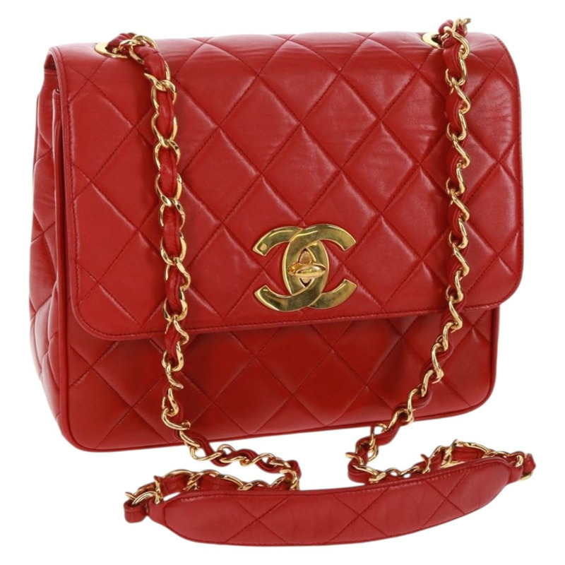 【日本直送】香奈兒 (CHANEL) 絎縫鏈條單肩包，羊皮材質，紅色，金色雙C標誌，正品編號 168176V-0