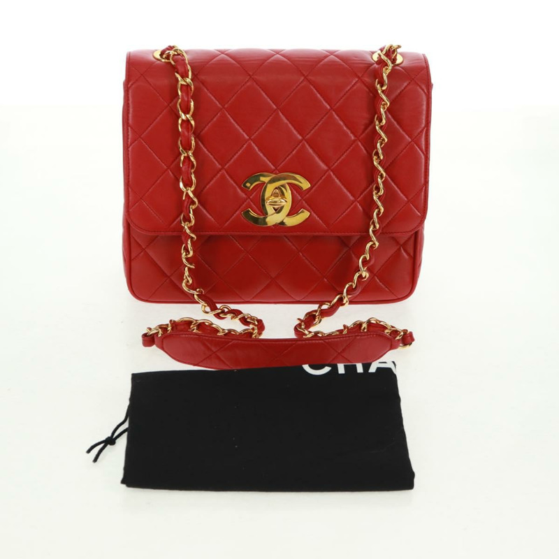 【日本直送】香奈兒 (CHANEL) 絎縫鏈條單肩包，羊皮材質，紅色，金色雙C標誌，正品編號 168176V-11
