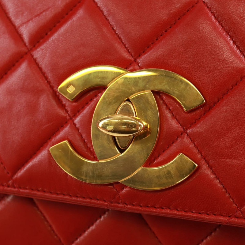 【日本直送】香奈兒 (CHANEL) 絎縫鏈條單肩包，羊皮材質，紅色，金色雙C標誌，正品編號 168176V-18
