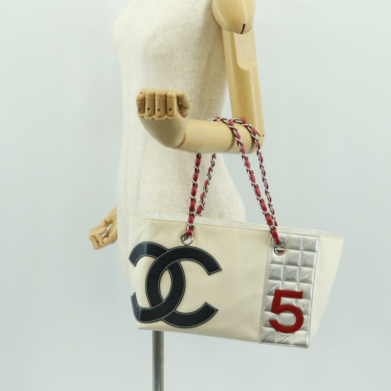 【日本直送】香奈兒 (CHANEL) 鏈條巧克力棒系列單背包 No5 帆布 白色 銀色 CC 標誌 Auth 168140V-25