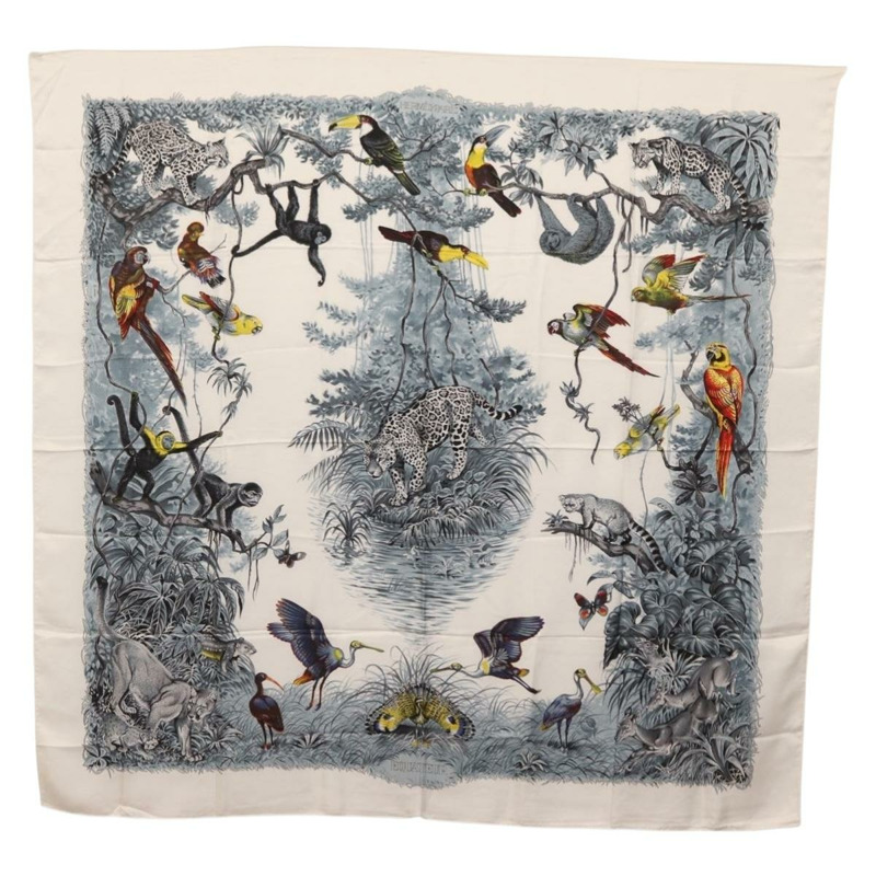 【日本直送】愛馬仕 Carre 140 絲巾「EQUATEUR」白色真絲 Auth 166371V-0