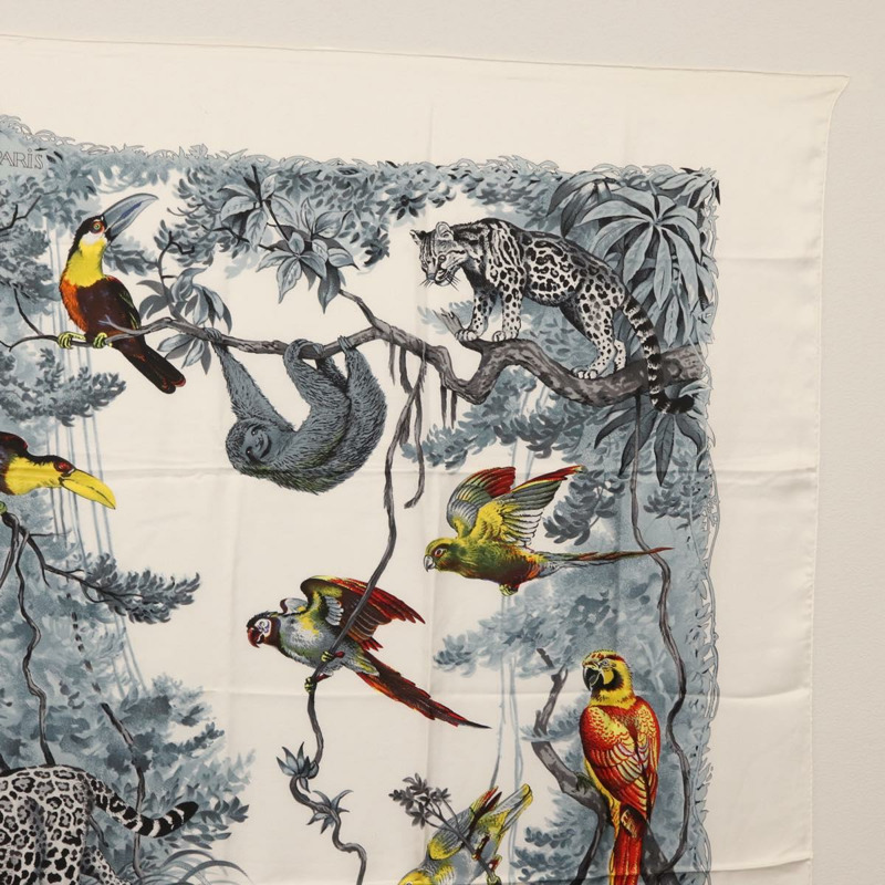 【日本直送】愛馬仕 Carre 140 絲巾「EQUATEUR」白色真絲 Auth 166371V-3