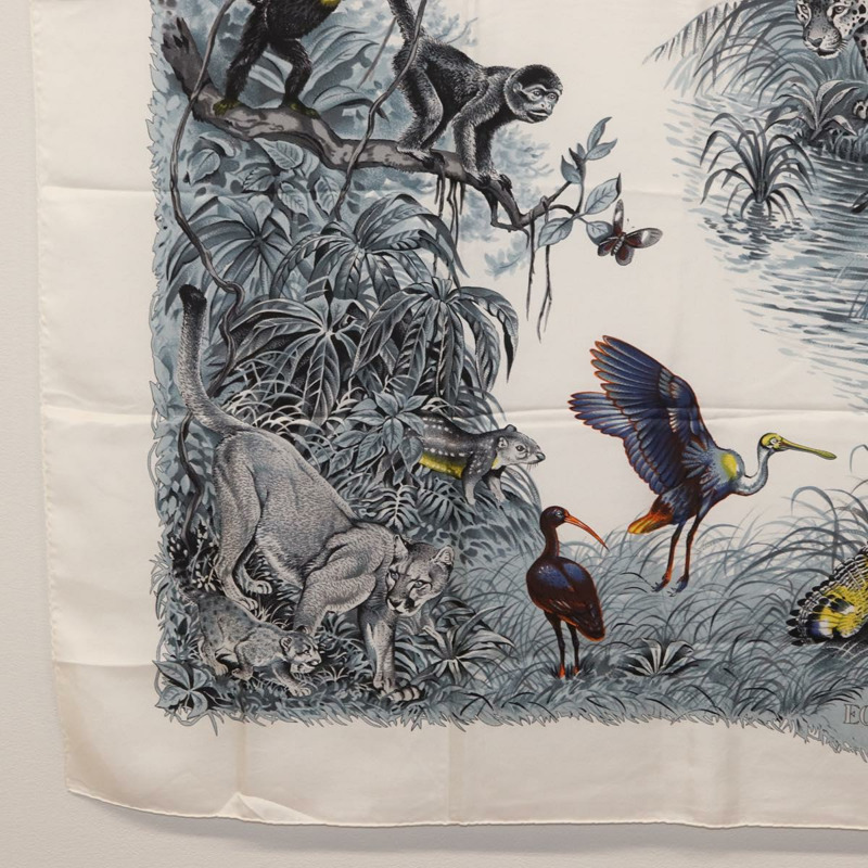 【日本直送】愛馬仕 Carre 140 絲巾「EQUATEUR」白色真絲 Auth 166371V-7