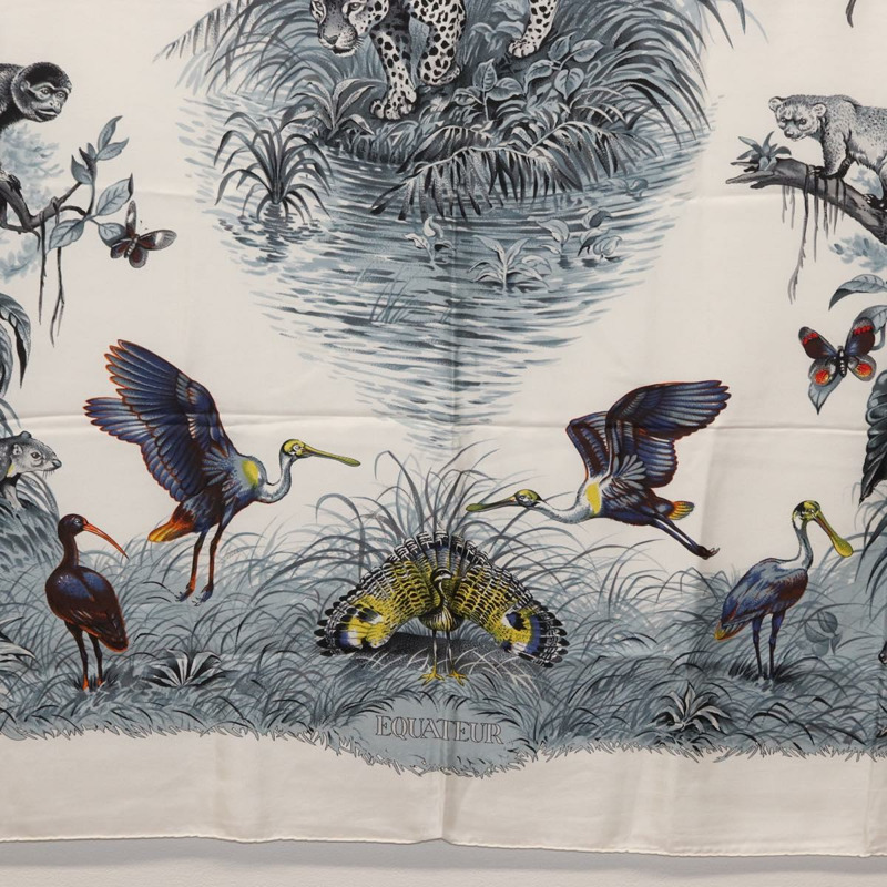 【日本直送】愛馬仕 Carre 140 絲巾「EQUATEUR」白色真絲 Auth 166371V-8