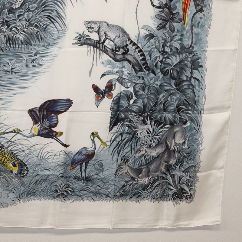 【日本直送】愛馬仕 Carre 140 絲巾「EQUATEUR」白色真絲 Auth 166371V-9