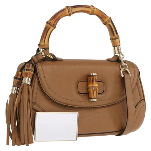GUCCI 新款竹編手提包 皮革 兩用 棕色/金色 254884 正品 hk3362V