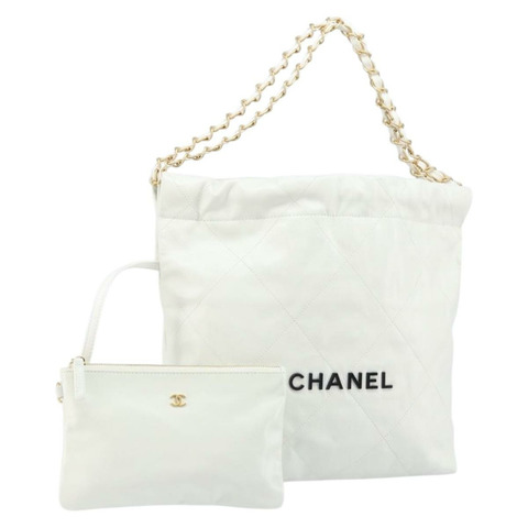 香奈兒 Chanel 22 小號鏈條包 小牛皮 白色 金色 CC 標誌 正品 BA10321SAM