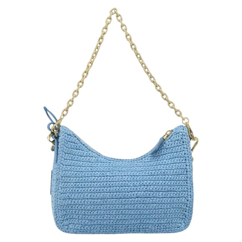 【日本直送】PRADA 拉菲草編織肩包，淺藍色金色，正品 159836SAM-1